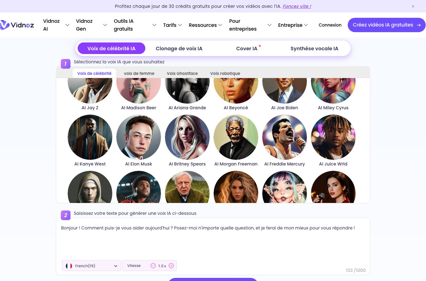 Capture du sélecteur de voix de célébrité IA de Vidnoz : Jay Z, Beyoncé, Joe Biden, Morgan Freeman, Freddie Mercury et d'autres