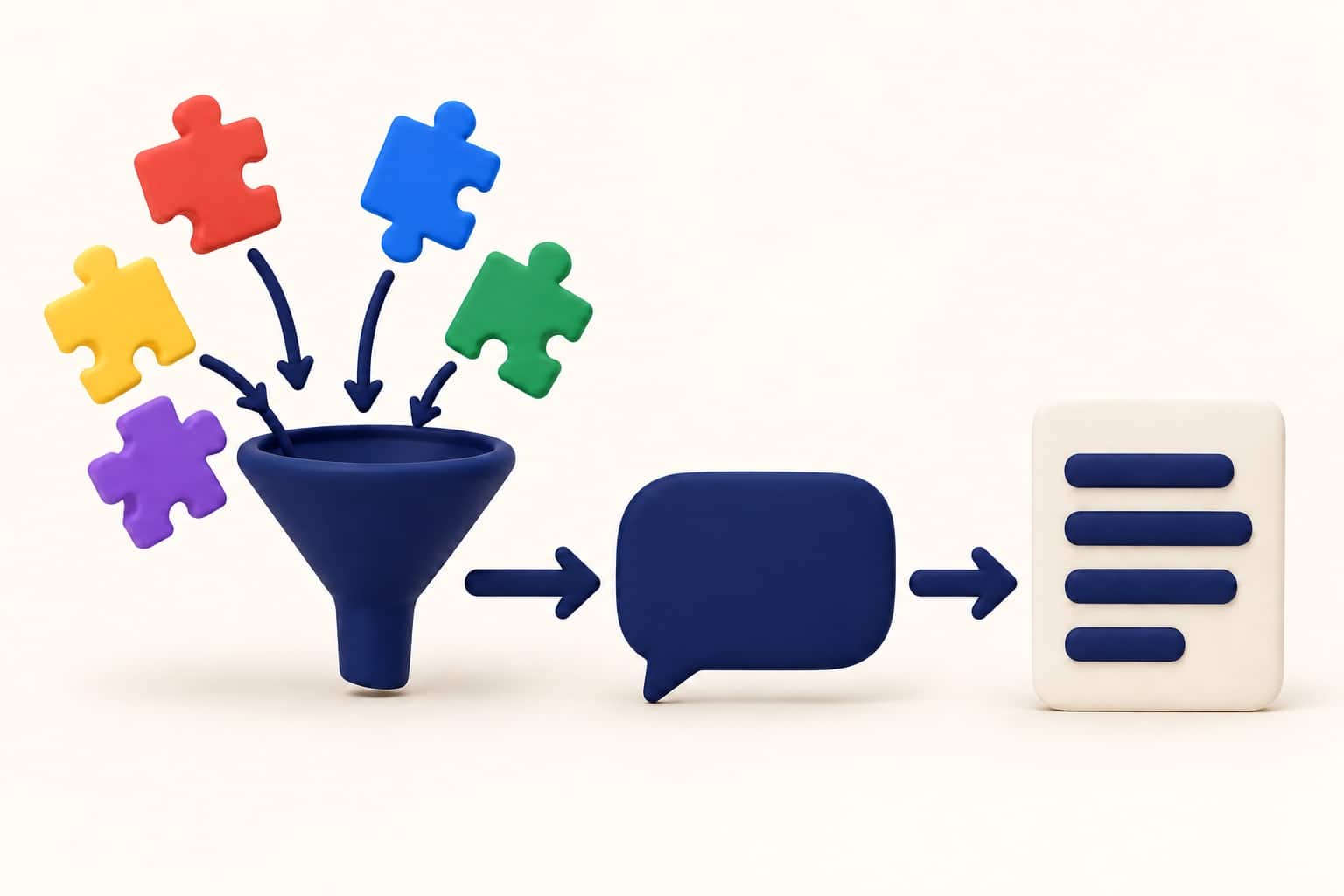 Illustration 3D douce : cinq pièces de puzzle colorées convergent dans un entonnoir qui alimente une bulle de discussion produisant un document bien ordonné