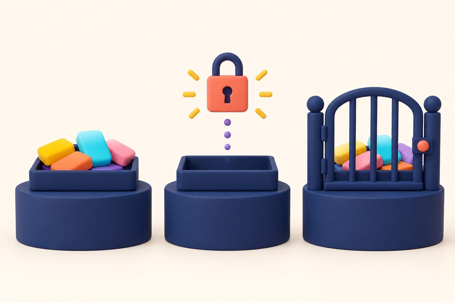 Trois plateaux côte à côte en 3D douce : un plateau ouvert plein de barres de texte colorées, un second surmonté d'un petit cadenas, un troisième derrière une barrière fermée