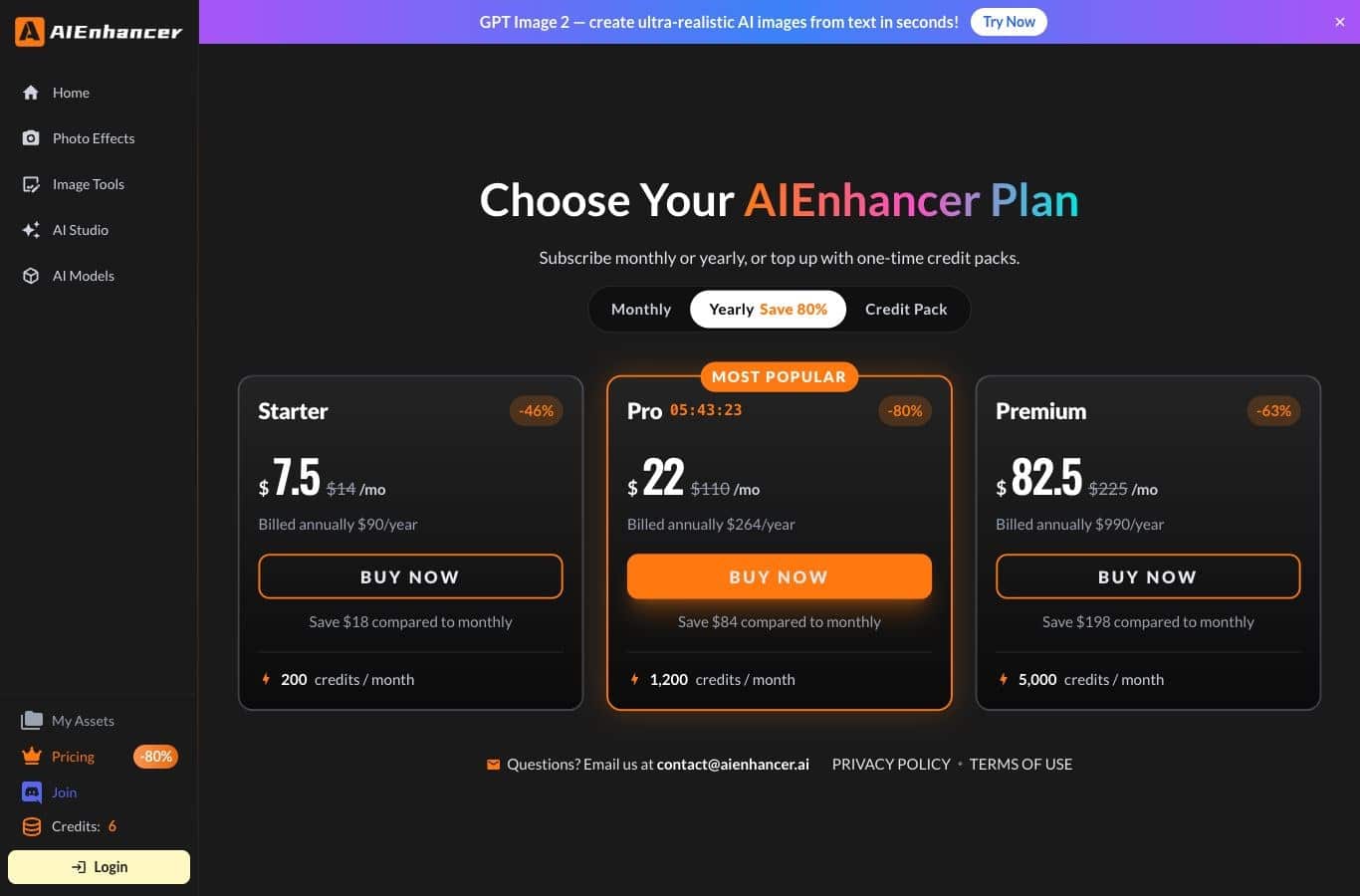 AIEnhancer plan comparison table on September 30, 2026: Free plan at $0 with 20 permanent credits that do not expire