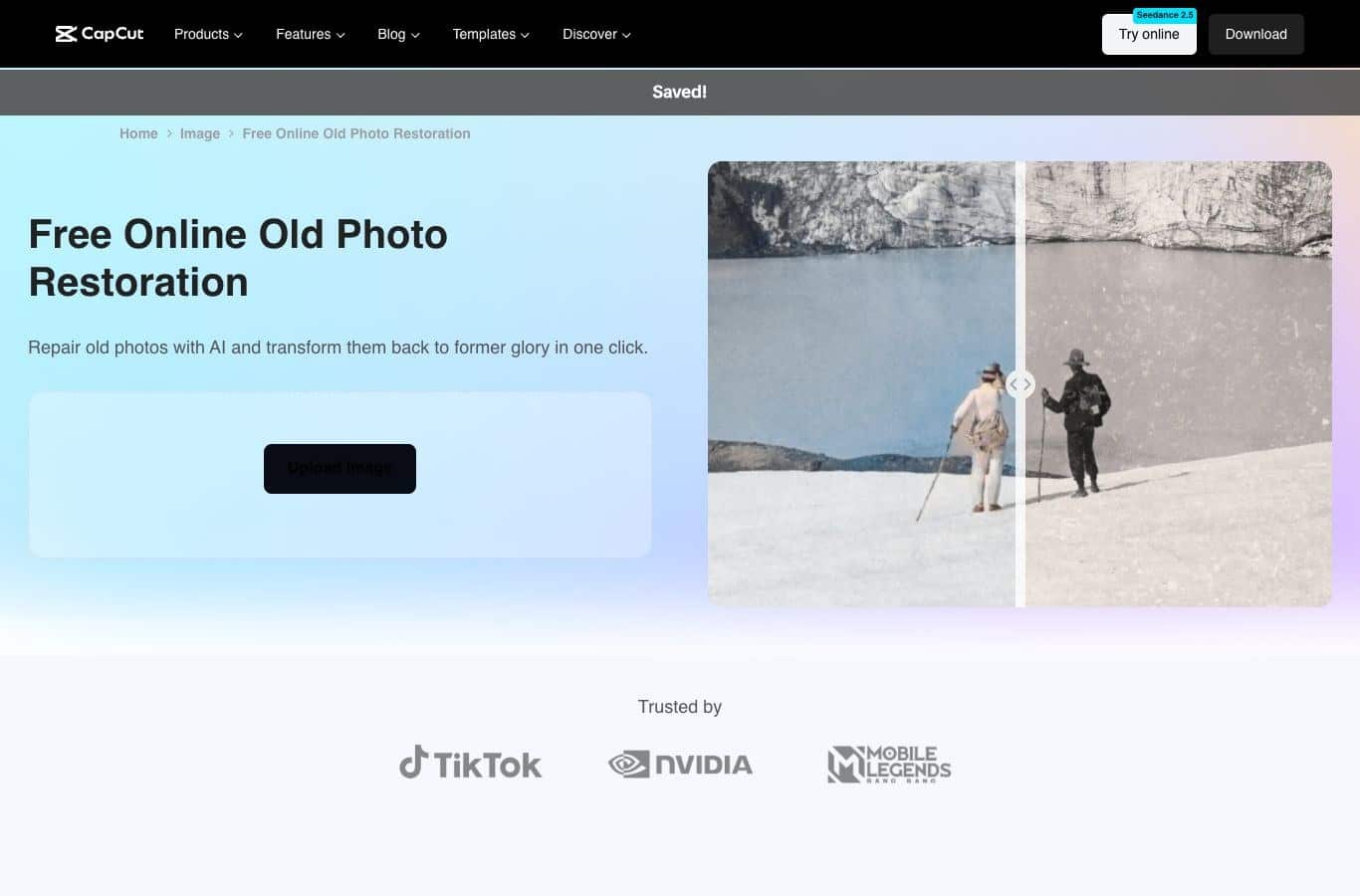 CapCut online photo restoration tool page, captured September 30, 2026