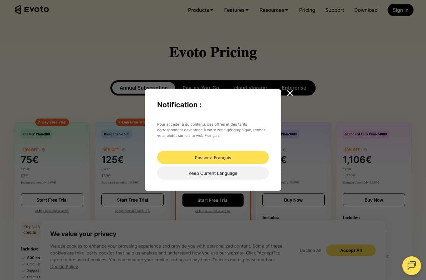 Evoto pricing grid on September 30, 2026: 7-day free trial, 50 free credits, plans from 75 to 1,106 euros per year, displayed in euros