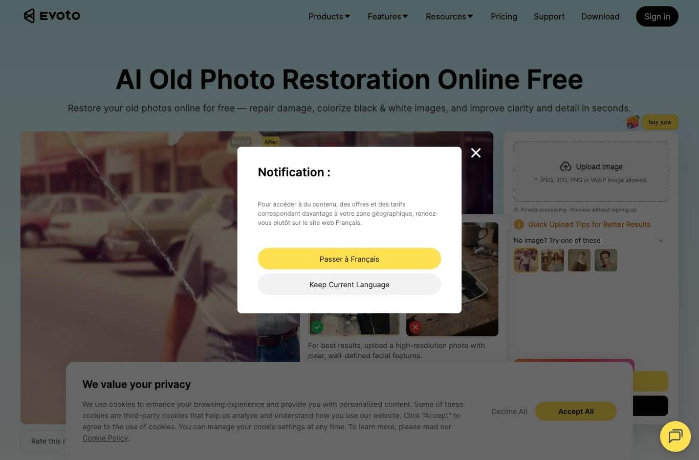 Evoto old photo restoration tool page, captured September 30, 2026