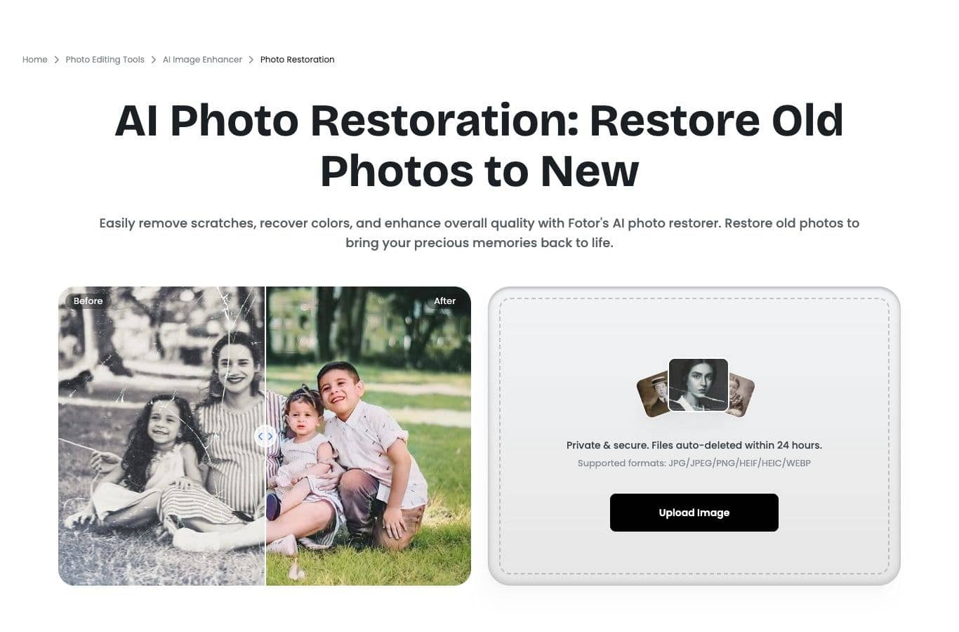 Fotor old photo restoration tool page, captured September 30, 2026