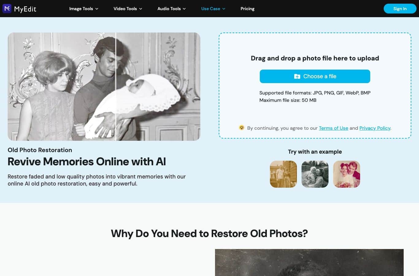 MyEdit old photo restoration tool page, captured September 30, 2026