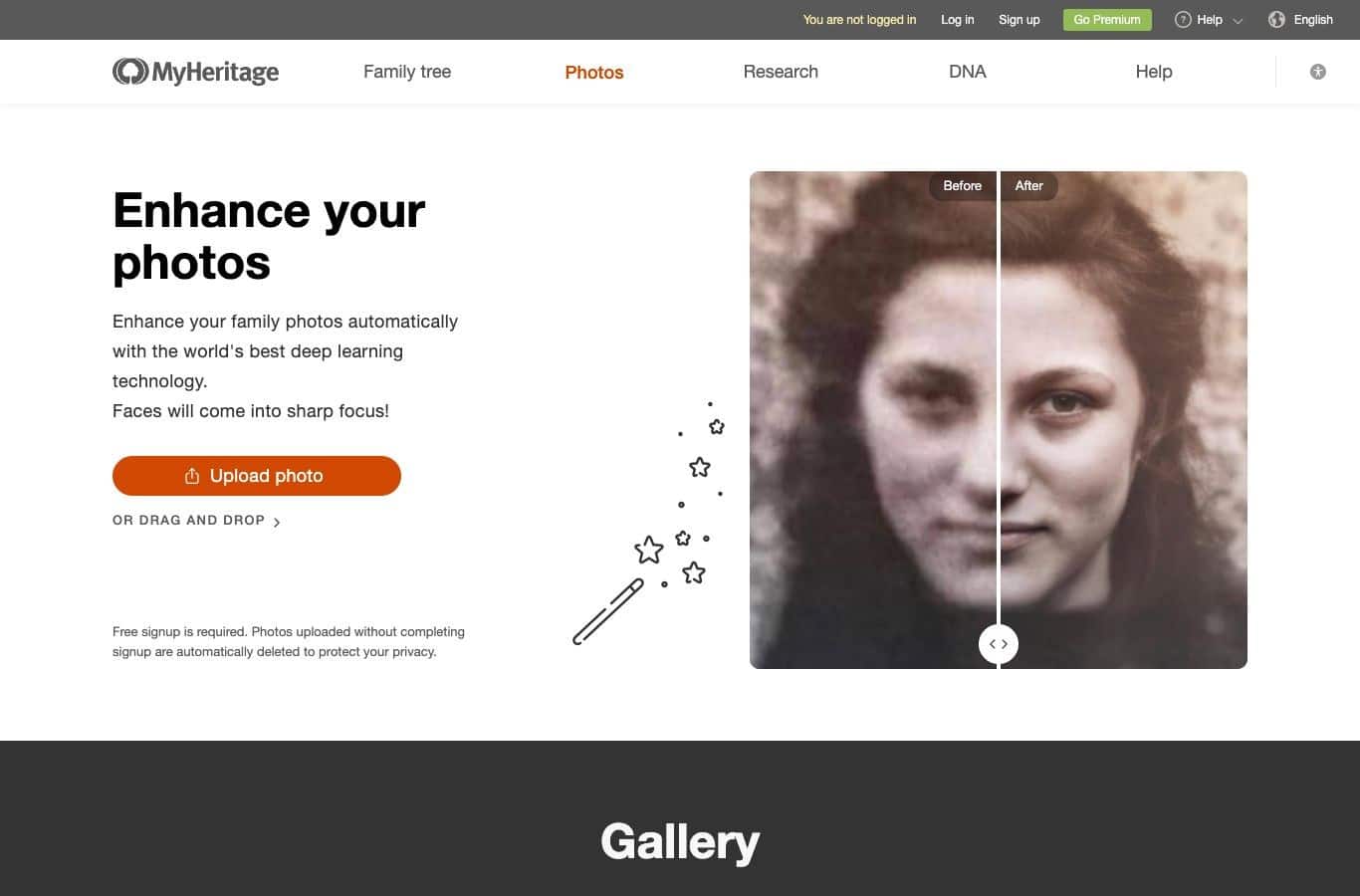 MyHeritage Photo Enhancer page on September 30, 2026: free signup is required, otherwise uploaded photos are automatically deleted