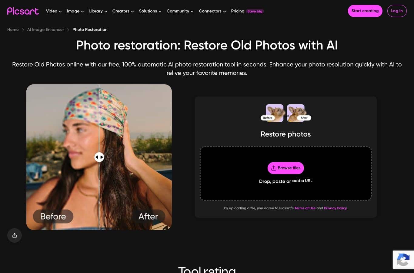 Picsart photo restoration tool page, captured September 30, 2026
