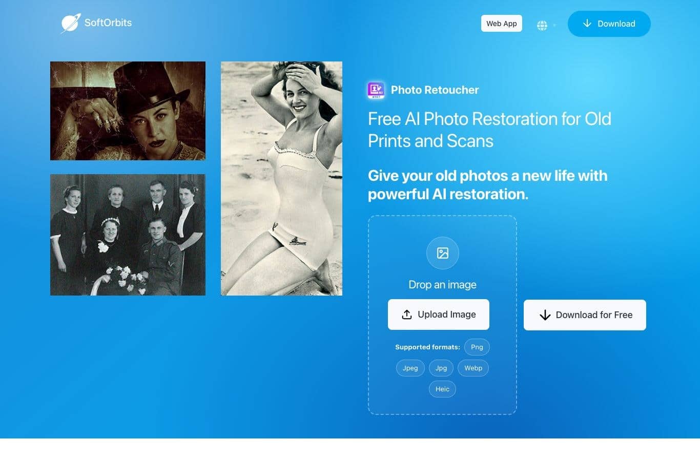 SoftOrbits online old photo restoration tool page, captured September 30, 2026