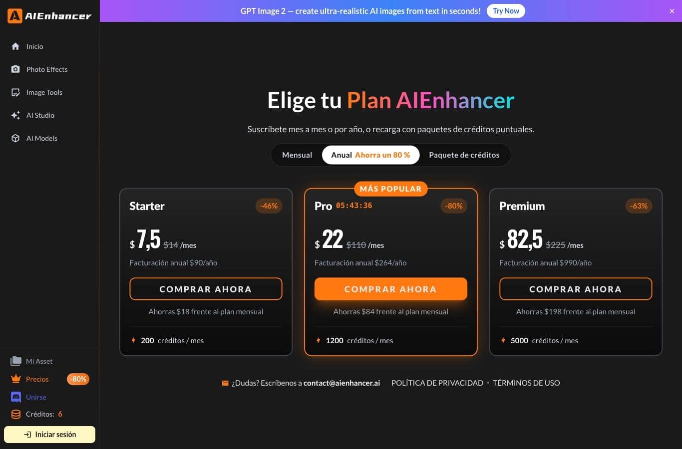 Tabla comparativa de los planes de AIEnhancer del 30 de septiembre de 2026: plan Free a 0 dólares con 20 créditos permanentes