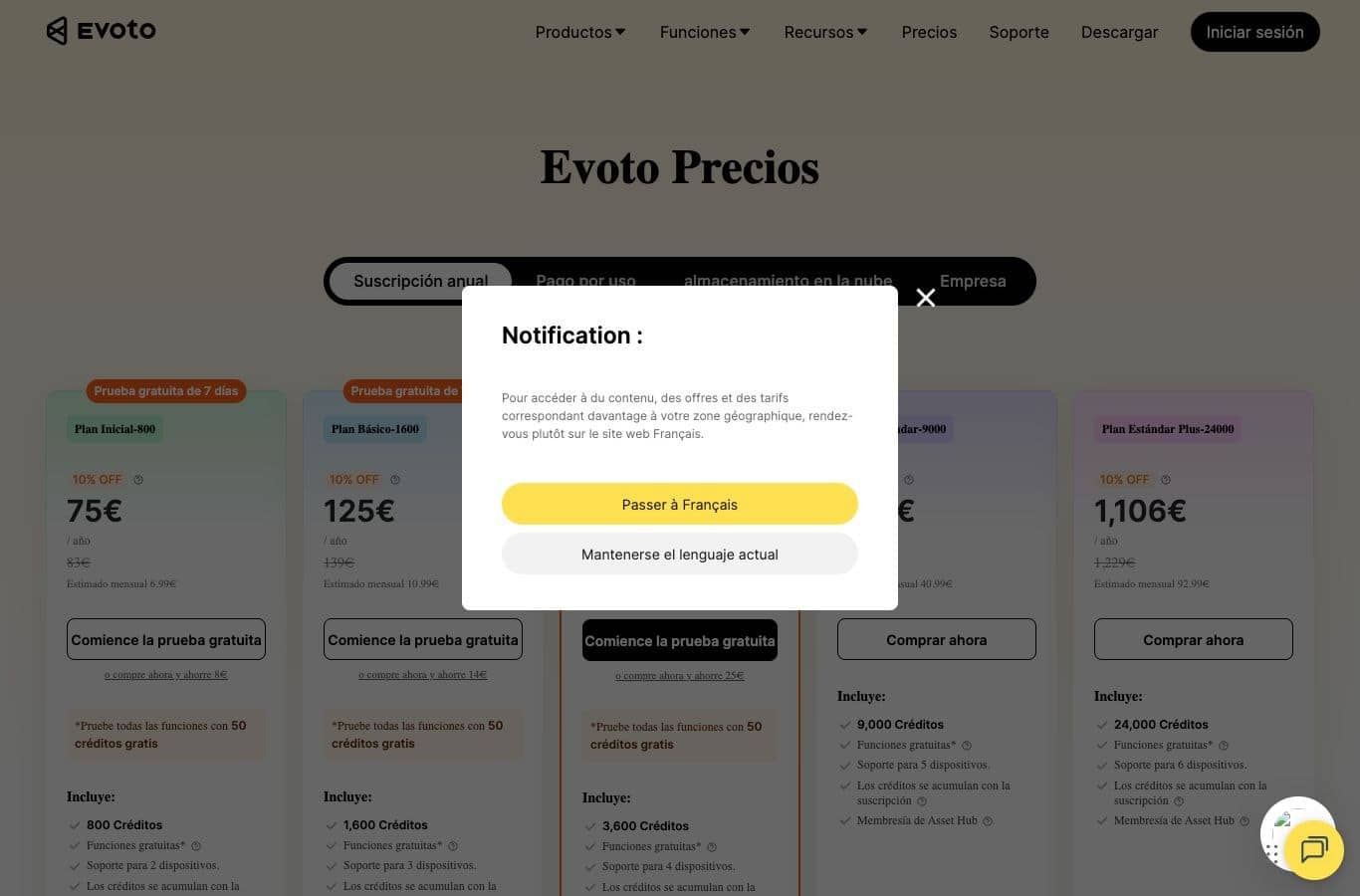 Cuadrícula de precios de Evoto del 30 de septiembre de 2026: prueba gratuita de 7 días, 50 créditos gratis, planes de 75 a 1 106 euros al año
