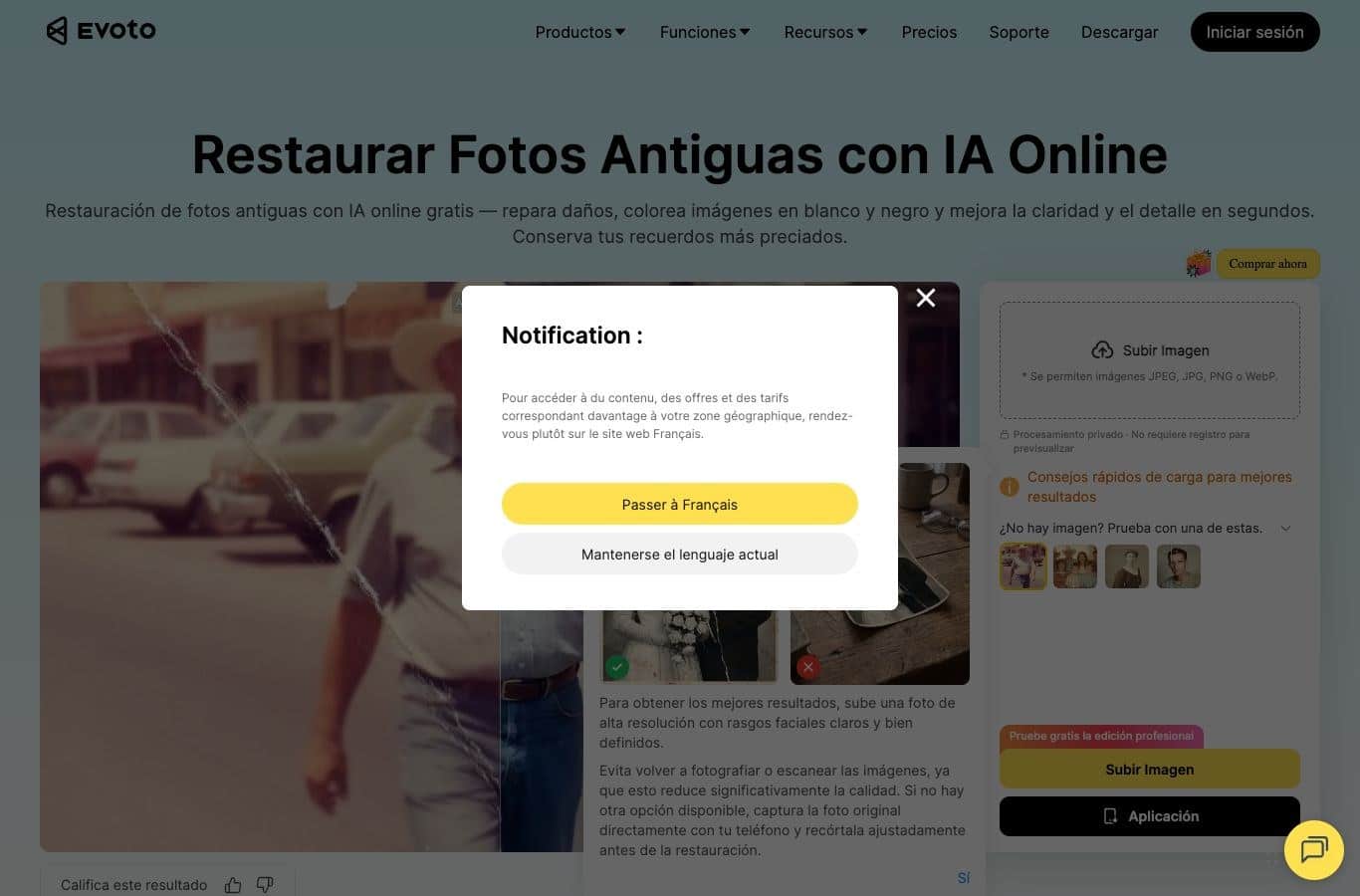 Página de la herramienta Evoto de restauración de fotos antiguas, capturada el 30 de septiembre de 2026