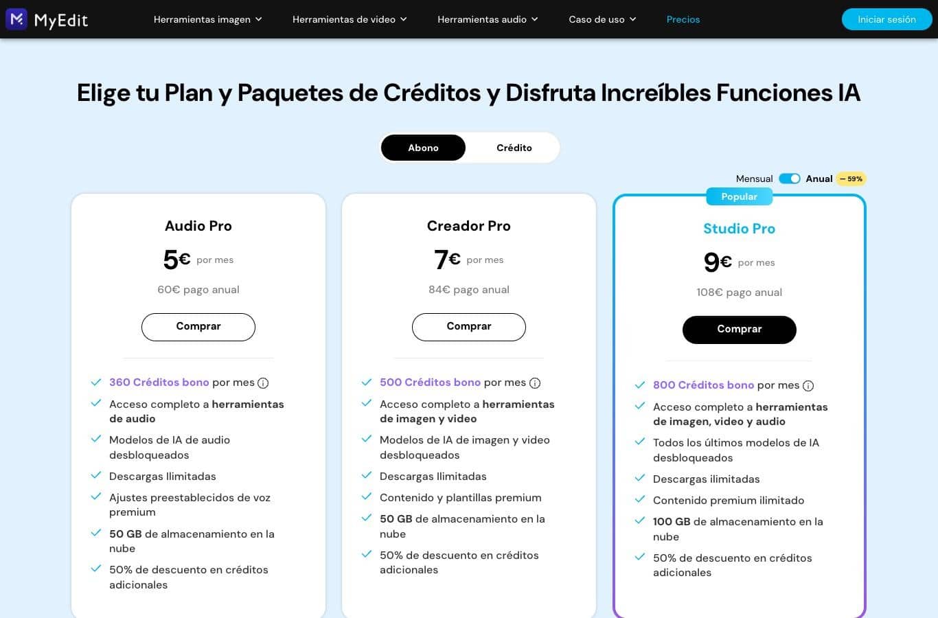 Tabla comparativa de los planes MyEdit del 30 de septiembre de 2026: 3 créditos por día en columna Gratis, almacenamiento de 5 GB