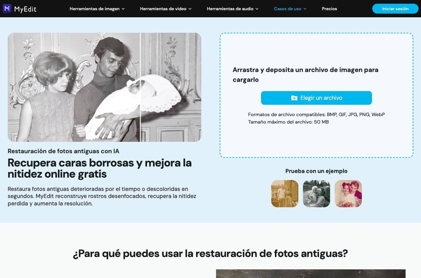 Página de la herramienta MyEdit de restauración de fotos antiguas, capturada el 30 de septiembre de 2026