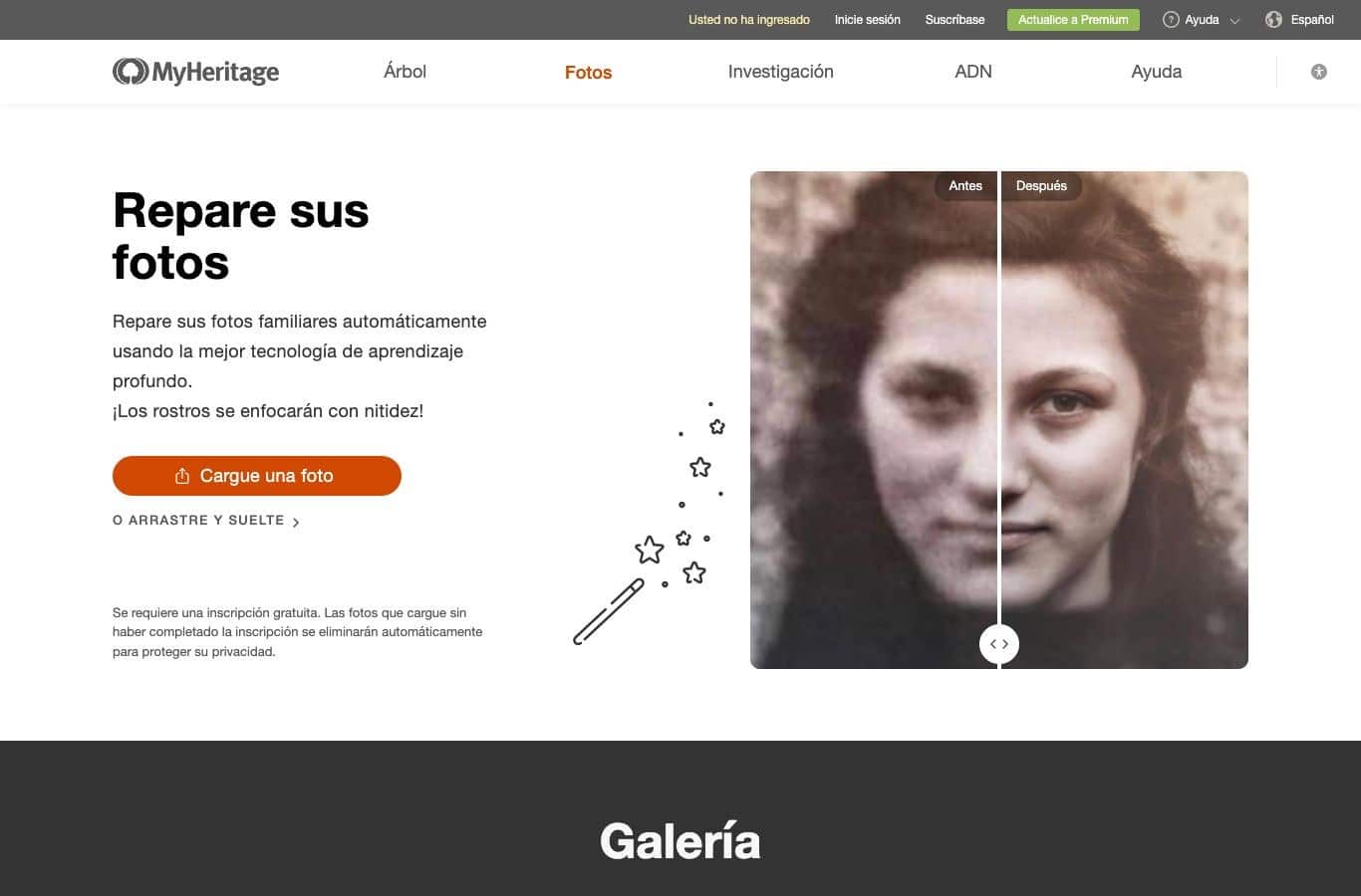 Página del Photo Enhancer de MyHeritage el 30 de septiembre de 2026: se requiere el registro gratuito, si no las fotos subidas se eliminan