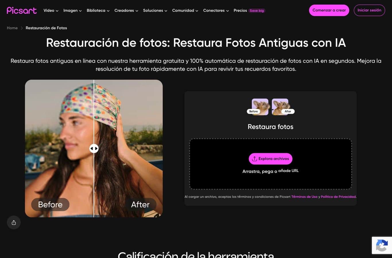 Página de la herramienta de restauración de fotos de Picsart, capturada el 30 de septiembre de 2026