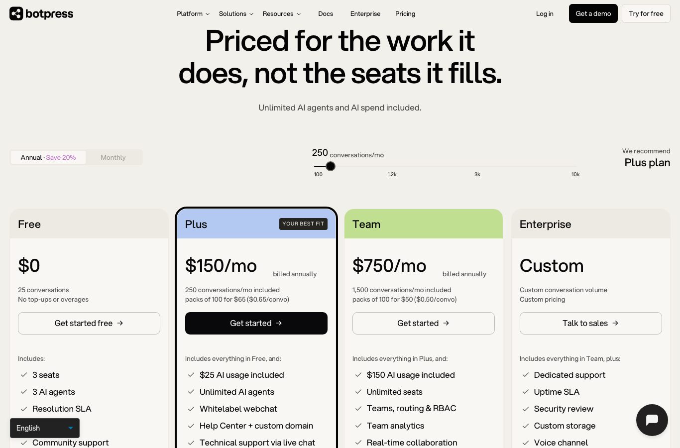 Botpress pricing page: Free plan at 0 dollars with 25 conversations per month, Plus at 150 dollars and Team at 750 dollars billed yearly