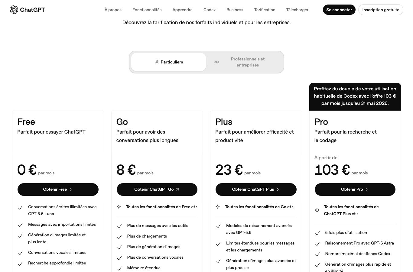 Page tarifaire de ChatGPT : forfaits Free à 0 euro, Go à 8 euros, Plus à 23 euros et Pro à 103 euros par mois