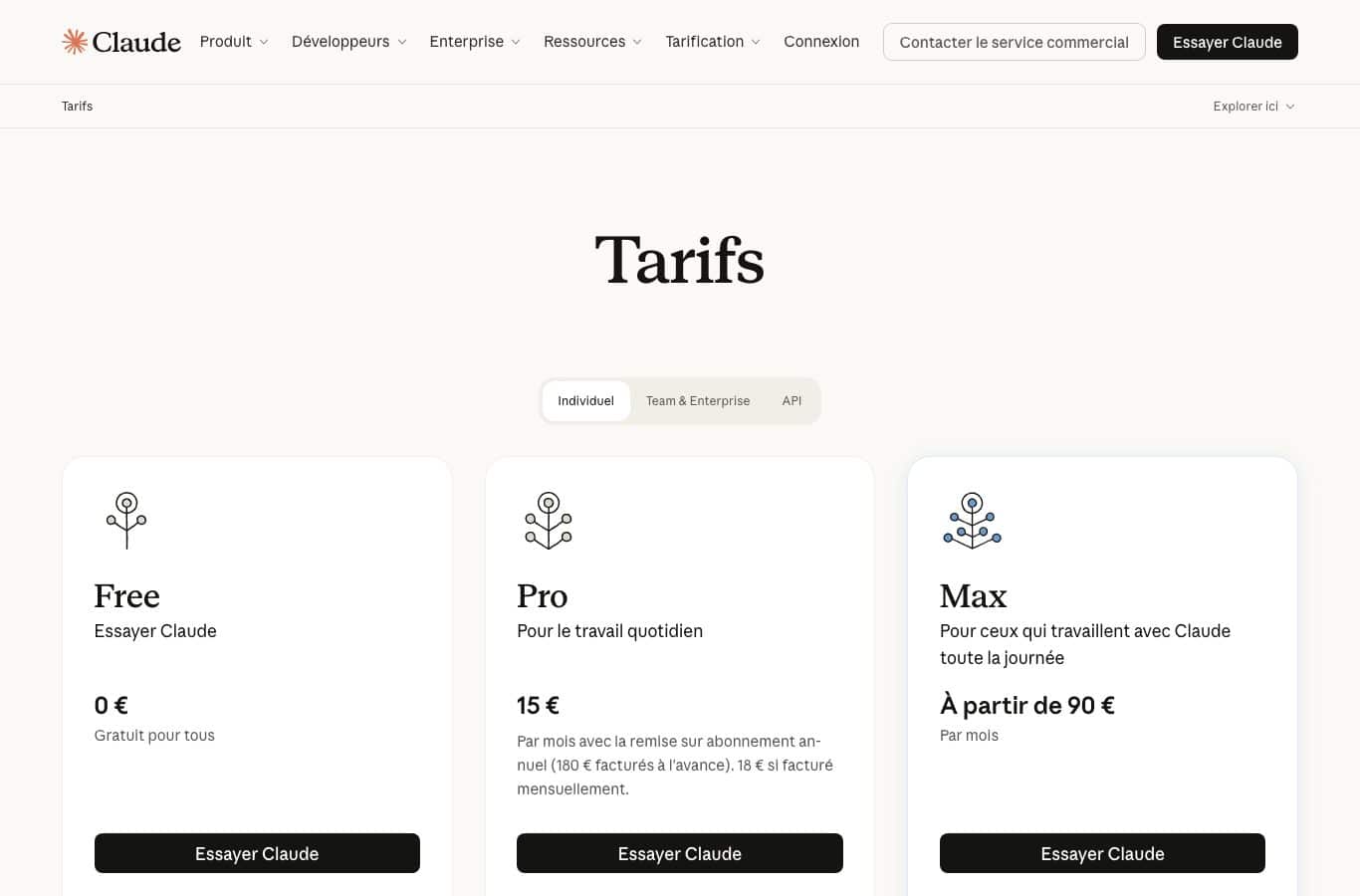 Page tarifaire de Claude : forfaits Free à 0 euro, Pro à 15 euros par mois avec abonnement annuel et Max à partir de 90 euros