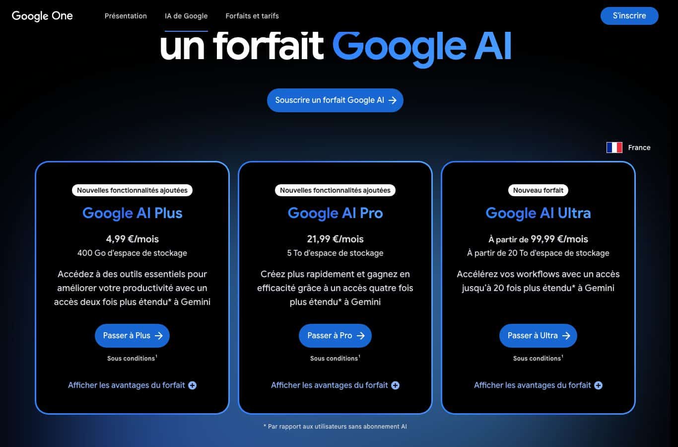 Google AI plans page: Google AI Plus at 4.99 euros per month, Pro at 21.99 euros and Ultra from 99.99 euros