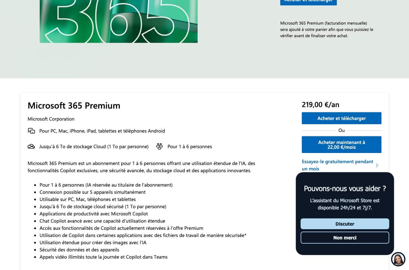 Page officielle de Microsoft 365 Premium : 219 euros par an ou 22 euros par mois, avec fonctions Copilot avancées