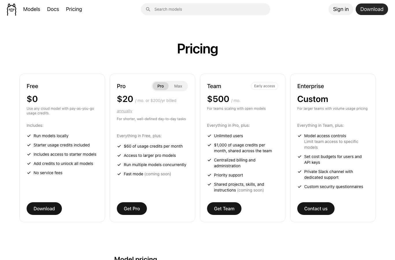 Ollama pricing page: Free plan at 0 dollars with local model execution, Pro at 20 dollars per month and Team at 500 dollars