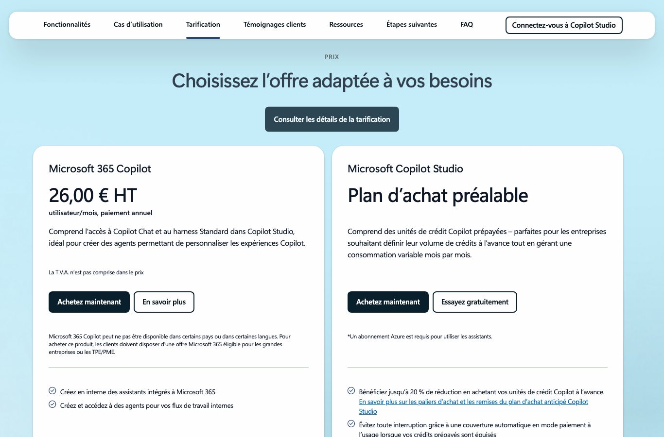 Page officielle de Copilot Studio : offre Microsoft 365 Copilot à 26 euros HT par utilisateur et par mois, paiement annuel