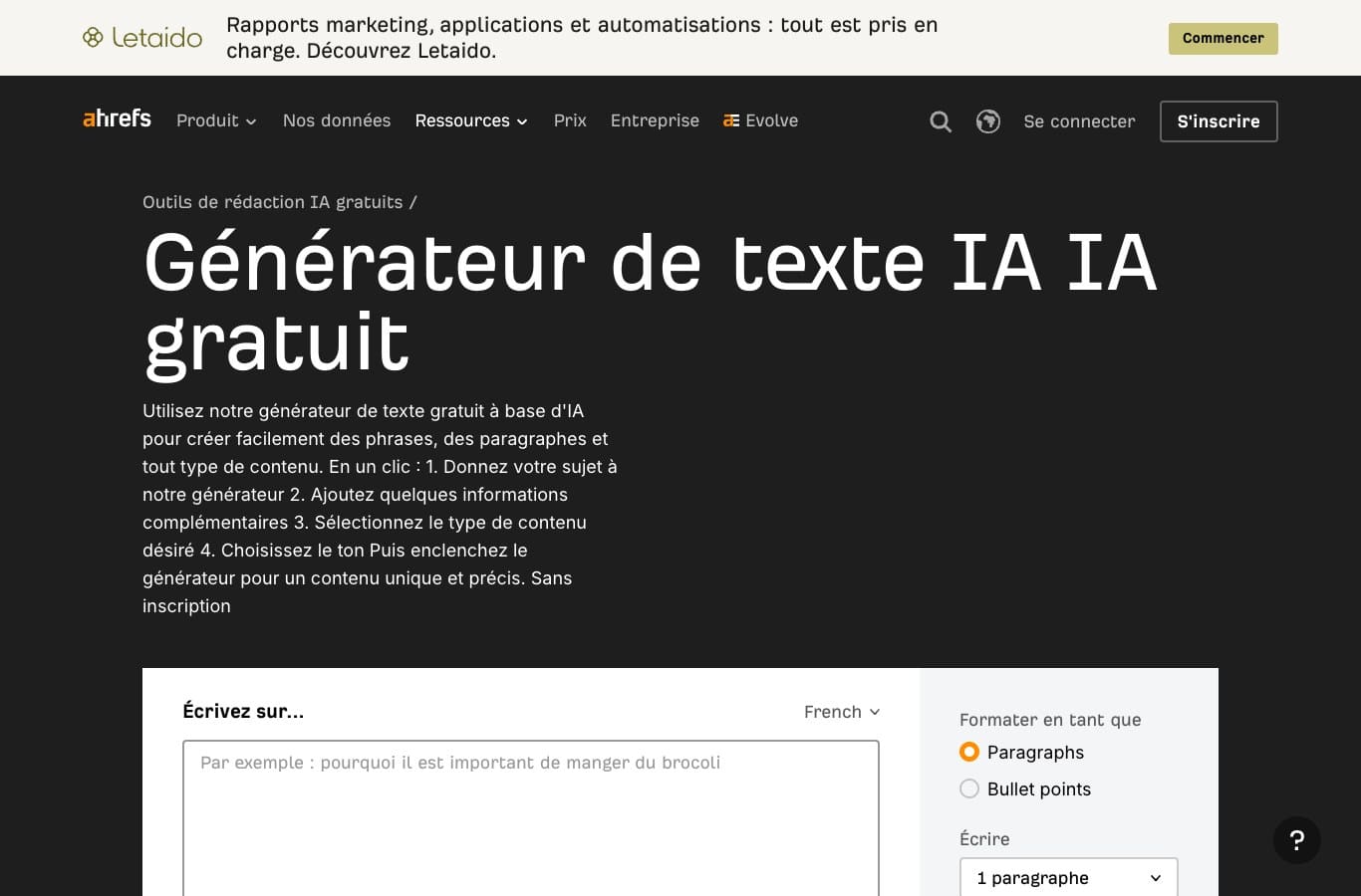 Capture Ahrefs : la zone de génération propose d'essayer gratuitement avec un compte Ahrefs Gratuit