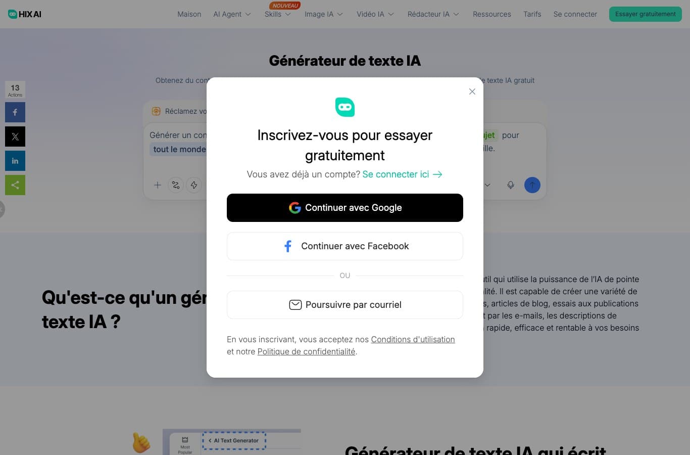 Capture HIX : fenêtre d'inscription Inscrivez-vous pour essayer gratuitement avec Google, Facebook ou courriel