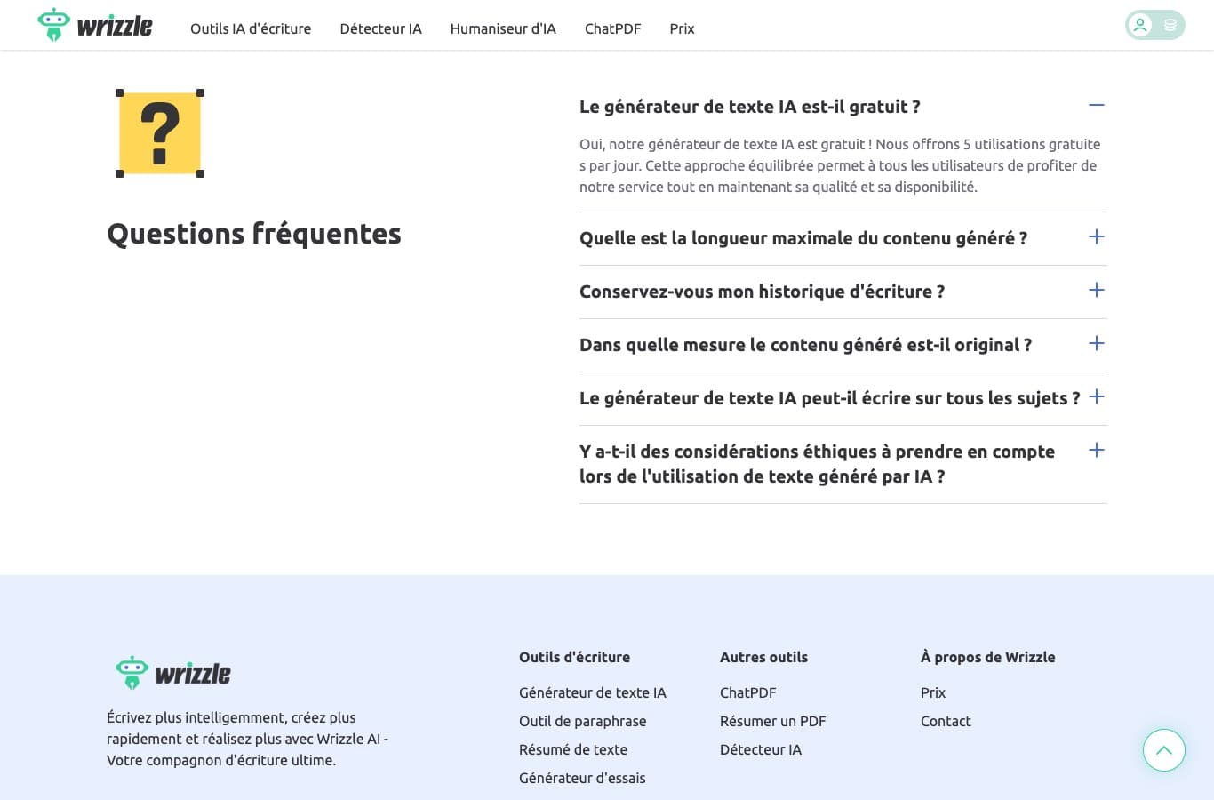 Capture de la FAQ de Wrizzle : réponse officielle indiquant cinq utilisations gratuites par jour