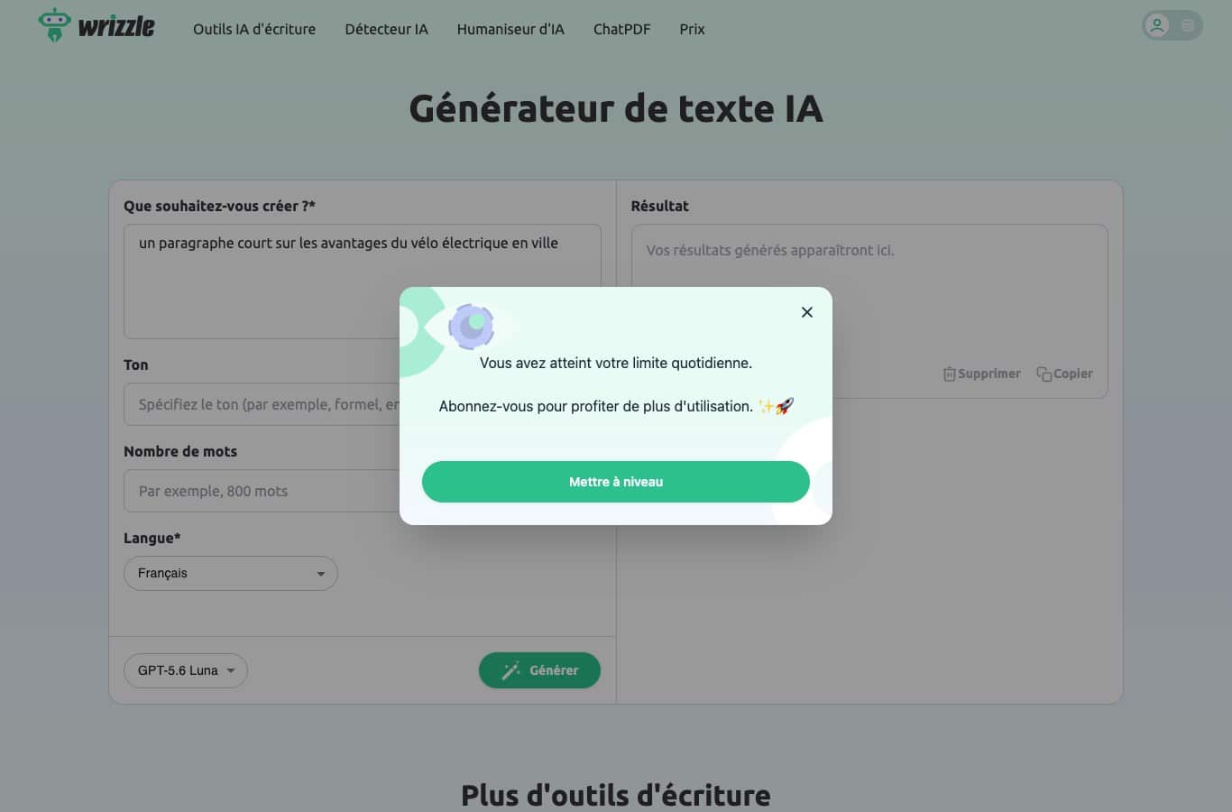 Capture de Wrizzle : un paragraphe généré apparaît dans la zone de résultat, recouvert par un écran de connexion proposant Google et Facebook