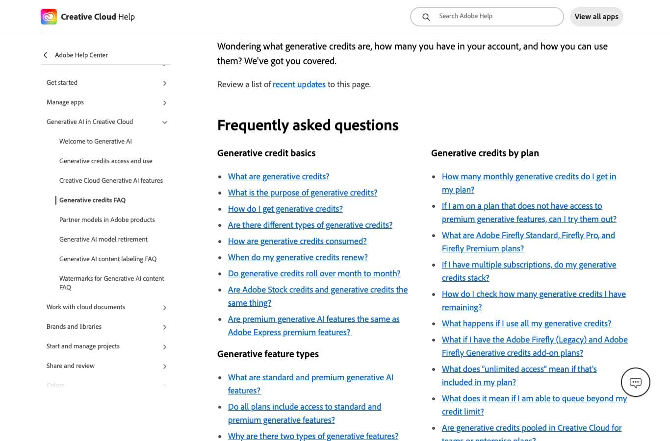Adobe Firefly generative credits FAQ, explaining how free-plan credits are allocated and expire