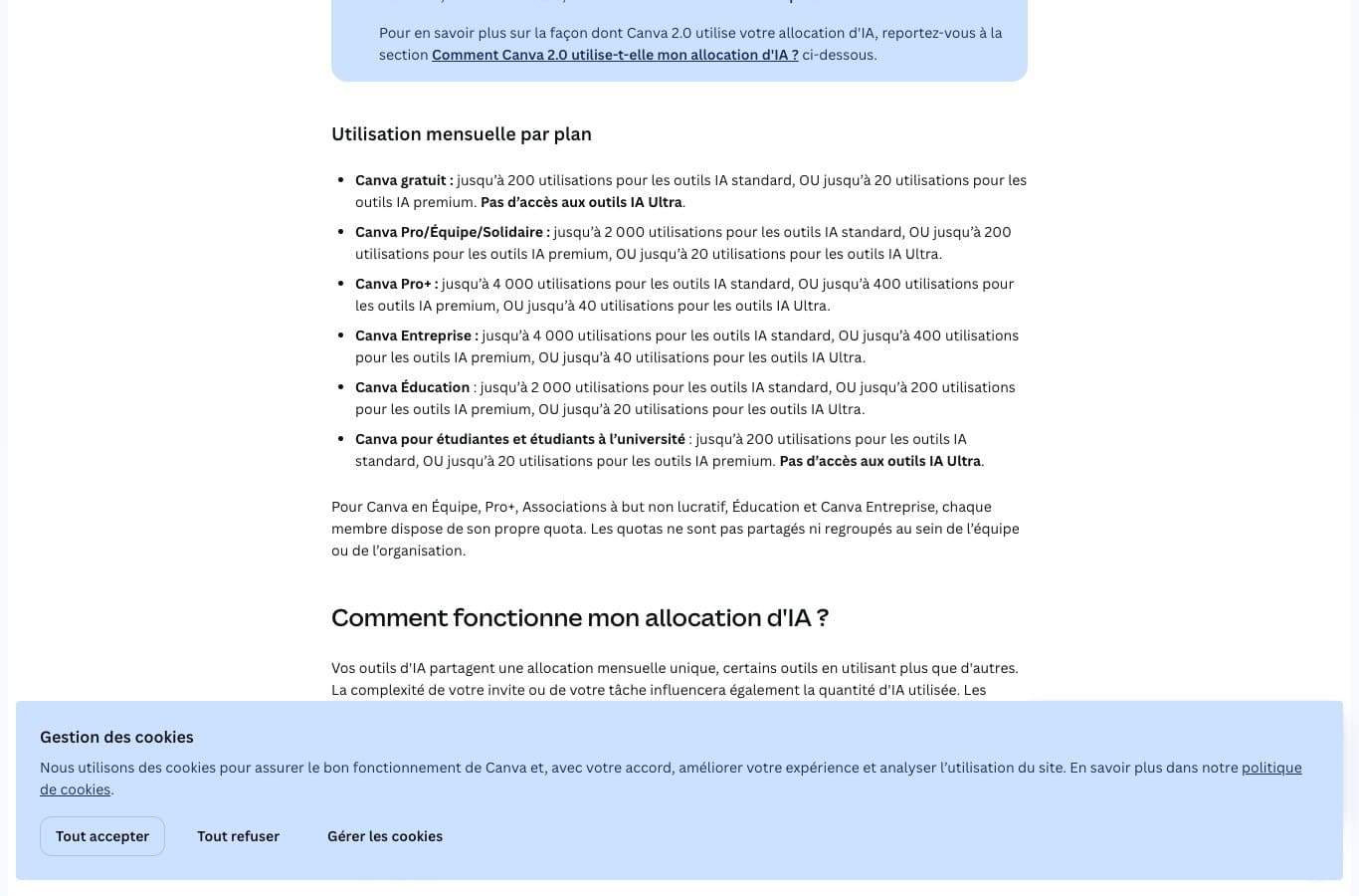 Centre d'aide Canva affichant l'utilisation mensuelle d'IA par plan : 200 utilisations d'outils IA standard ou 20 premium pour le plan gratuit