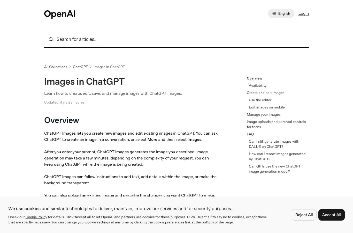 OpenAI help page Images in ChatGPT describing image creation and editing in ChatGPT