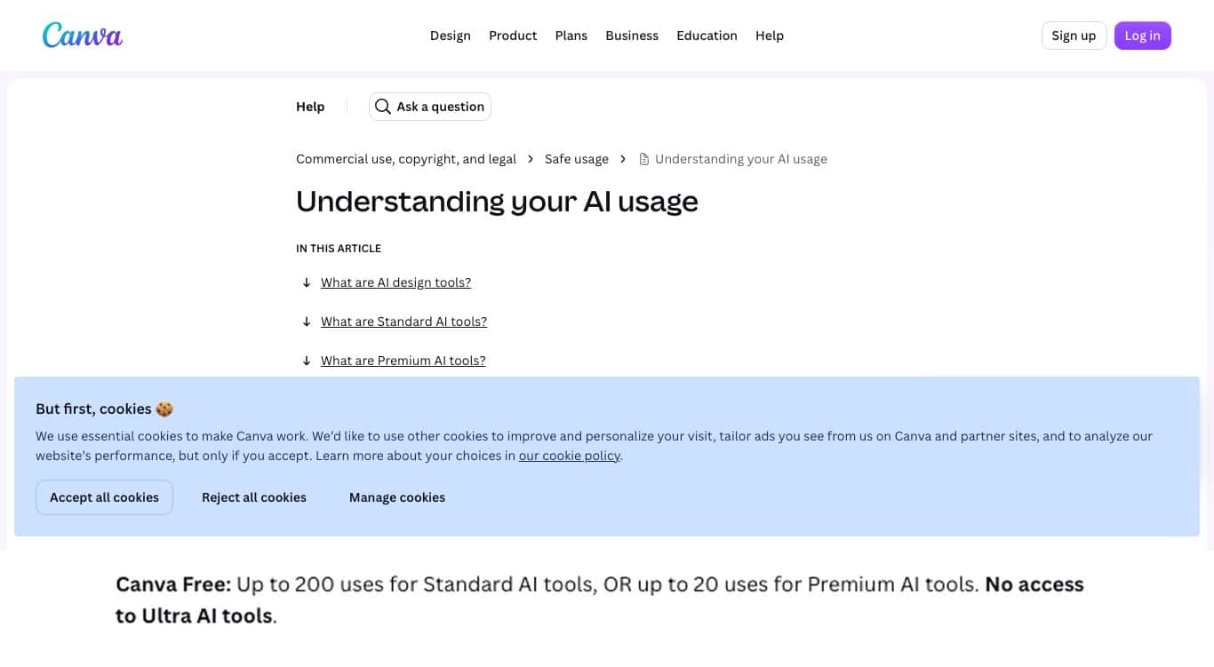 Canva help page showing the monthly AI usage per plan and the line Canva Free: up to 200 standard or 20 premium uses