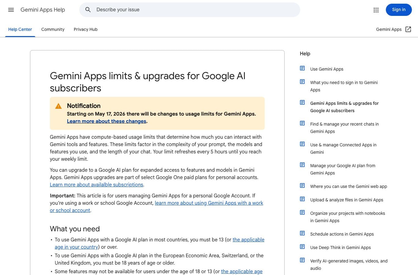 Google help page detailing Gemini Apps usage limits and the AI Plus, Pro and Ultra plan scale
