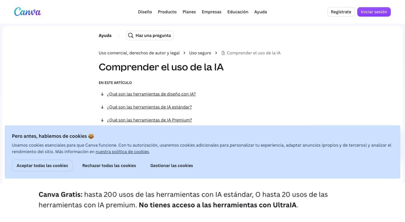 Ayuda de Canva con el uso mensual de IA por plan y la línea Canva Gratis: hasta 200 usos estándar o 20 premium