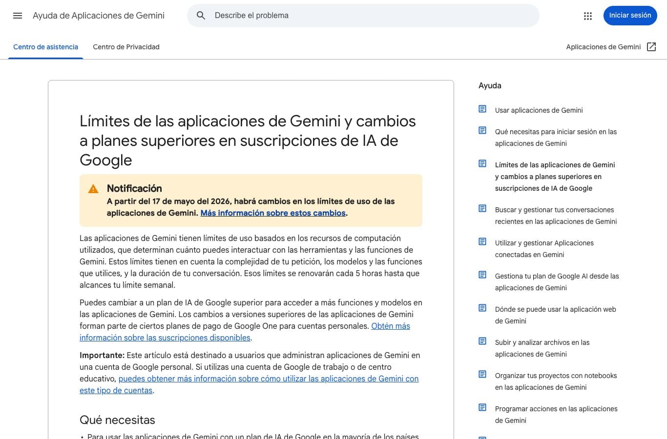 Página de ayuda de Google con los límites de uso de las aplicaciones de Gemini y la escala de los planes AI Plus, Pro y Ultra