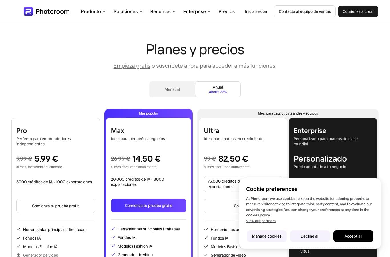 Página de precios de PhotoRoom en español: empieza gratis, plan Pro a 5,99 euros y Max a 14,50 euros al mes