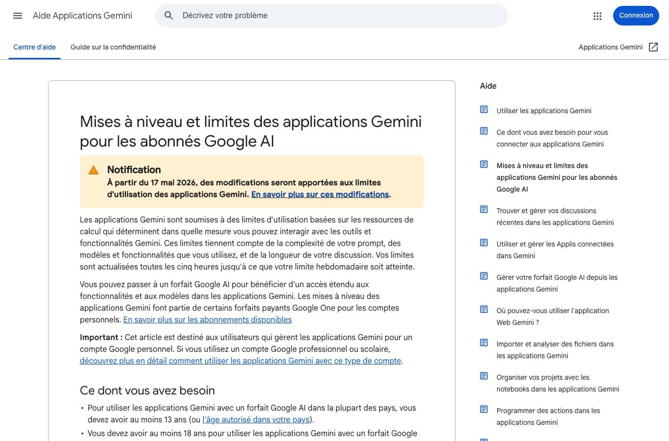 Page d'aide Google qui détaille les limites d'utilisation des applications Gemini et l'échelle des forfaits AI Plus, Pro et Ultra