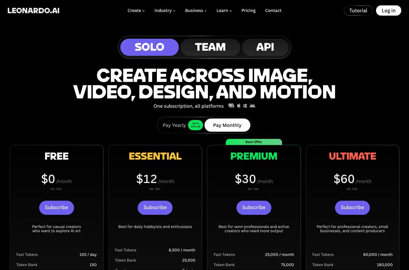 Leonardo AI pricing grid showing the free $0 plan with 150 fast tokens per day