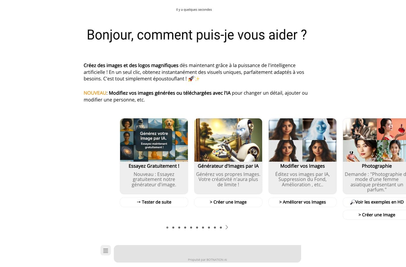 L'accueil du service My Image GPT, historique du générateur d'images désormais intégré à Nation AI, avec les options créer et modifier des images