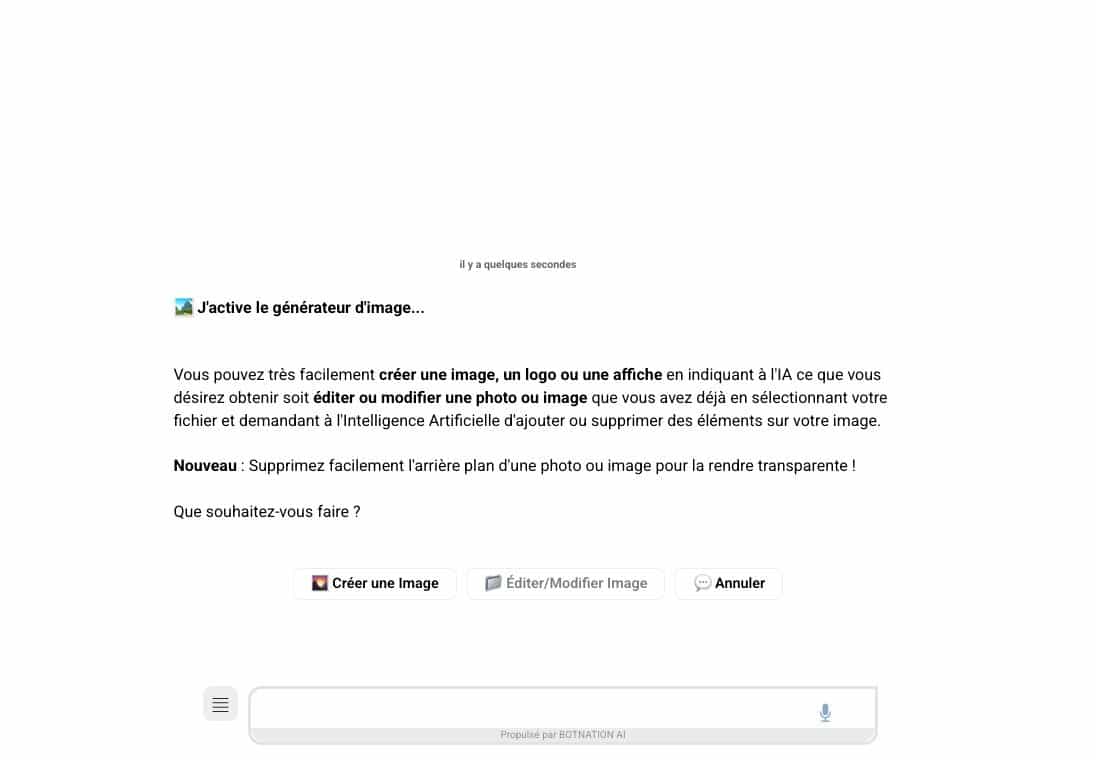 L'assistant image de Nation AI qui propose de créer une image, d'éditer ou de modifier une photo, avec le champ de saisie en français