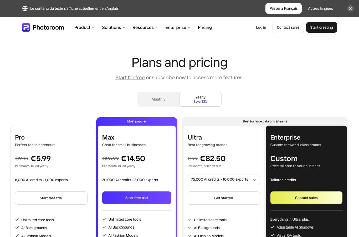 PhotoRoom pricing page: free way to start, Pro plan at 5.99 euros and Max at 14.50 euros per month
