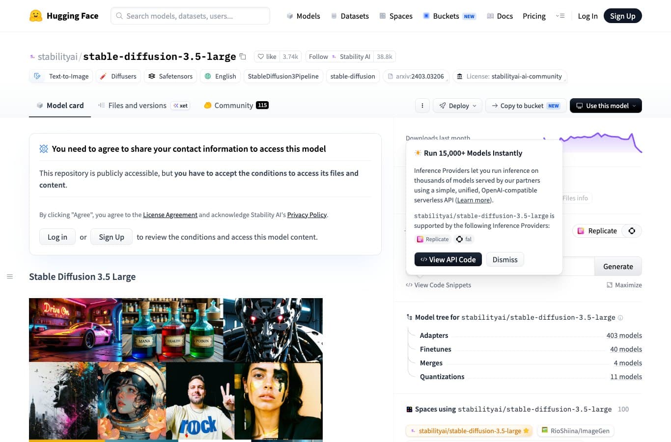 The stable-diffusion-3.5-large model page on Hugging Face, downloadable under the Stability AI community license