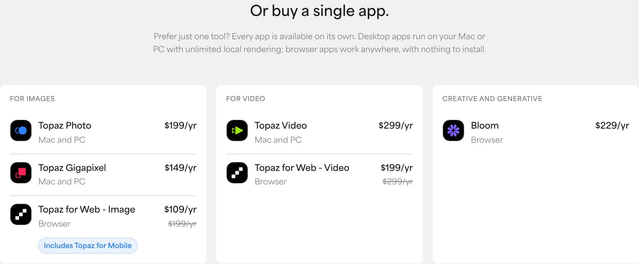 Screenshot of the Topaz Labs plans page: For Video section, Topaz Video for Mac and PC at 299 dollars per year and Topaz for Web Video for the browser