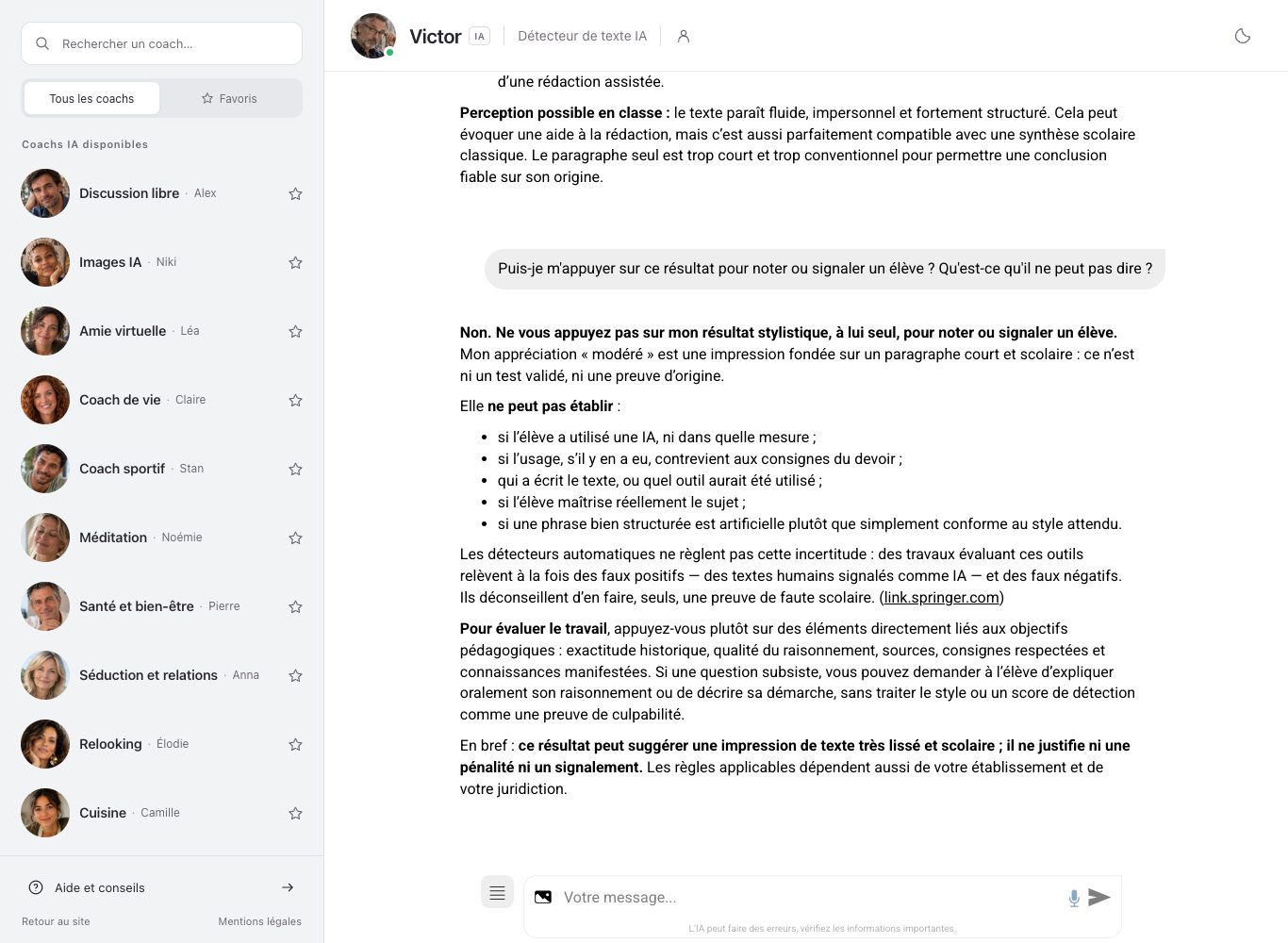 Capture d'écran du chat de Nation AI montrant la réponse de Victor sur ce qu'une analyse de style ne permet pas de conclure