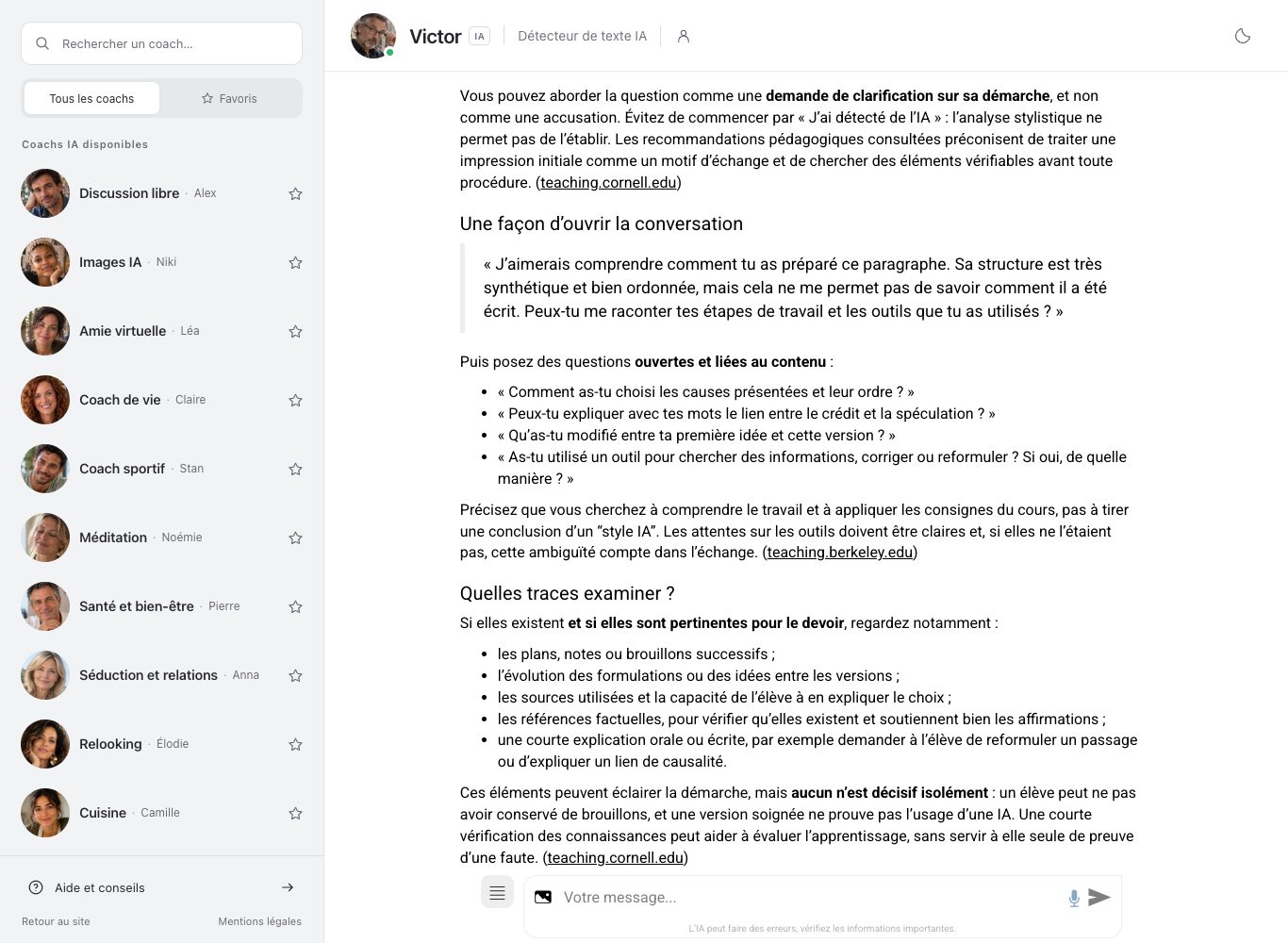 Capture d'écran du chat de Nation AI montrant la réponse de Victor sur les traces de travail à examiner