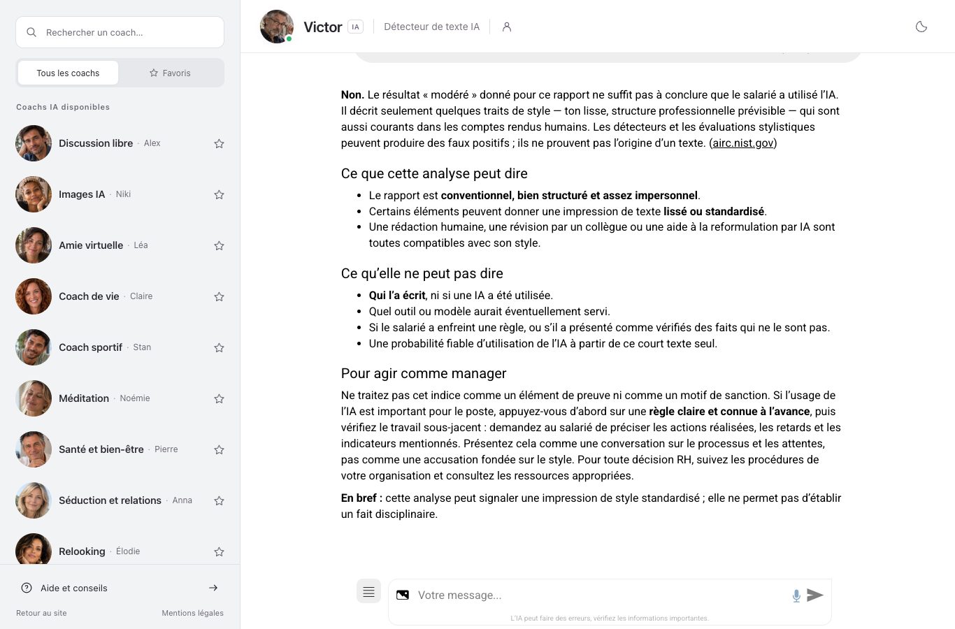 Capture d’écran de la conversation avec Victor sur Nation AI.