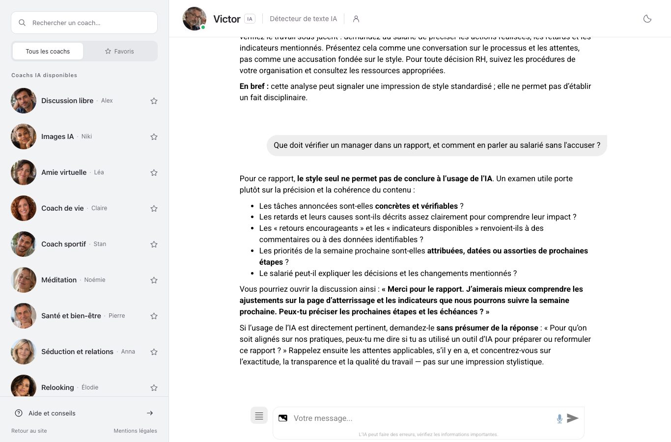 Capture d’écran de la réponse de Victor sur ce qu’il faut examiner dans un rapport d’avancement.