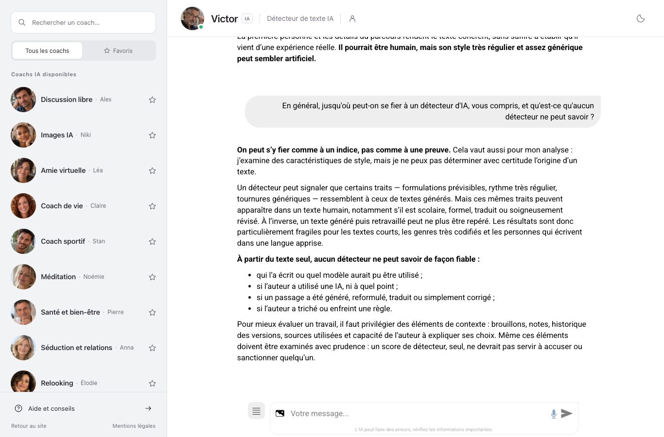 Capture du chat de Nation AI avec Victor : la question porte sur la fiabilité des détecteurs et sur ce qu'aucun outil ne peut lire dans un texte, et la réponse liste ce qui reste hors de portée.